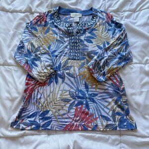 Cathy Daniels CD Womens Size Small Blue Studded Jeweled Blouse 3/4 Sleeve V Neck